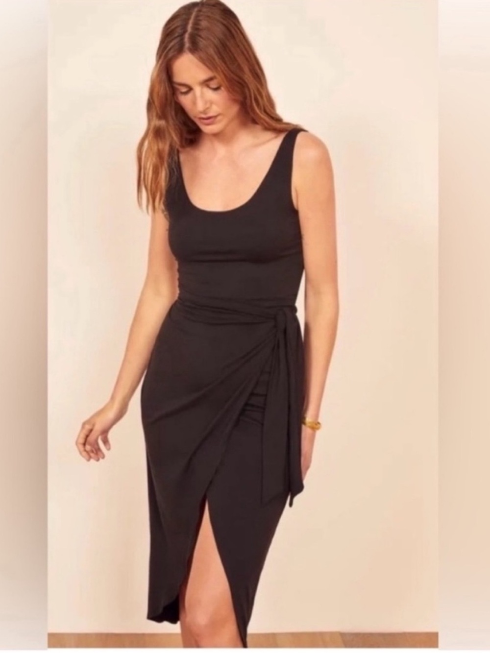 REFORMATION Kaila Black Jersey Knit Wrap Tank Midi Dress Small